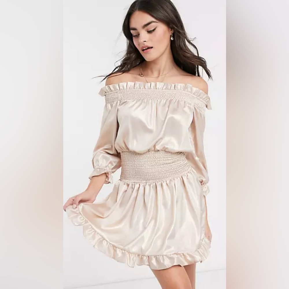 ASOS DESIGN shirred mini dress with pephem in blush
